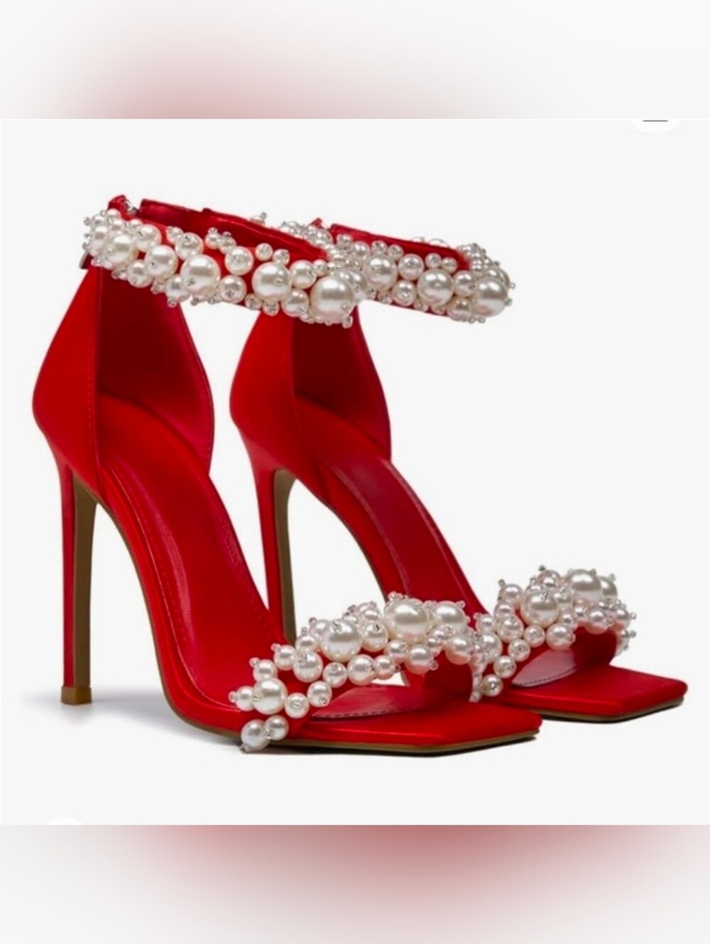 Red Pearl-Embellished High Heel Sandals open Square Toe  Women Size 9.5